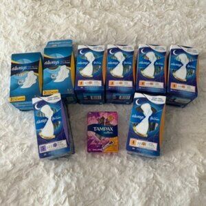 Always Infinity FlexFoam Overnight Pads sizes 1,4, and 5 and Tampax tampons